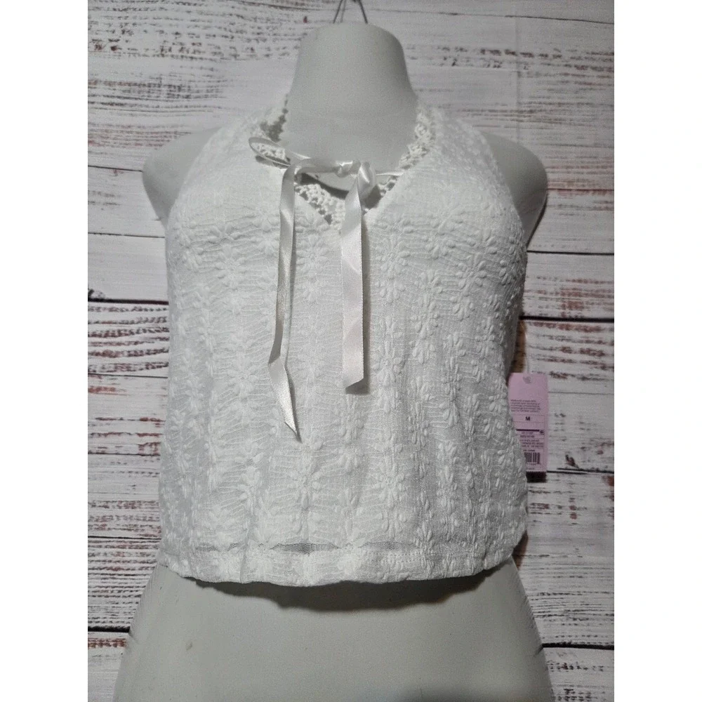 Wild Fable White Floral Lace Halter Top Ribbon Bow V-Neck Crop Tank Medium NEW
